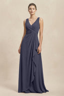 V - Neck Ruffled Ruched Chiffon A - Line Bridesmaid Dress in Dusk Blue - KissProm Bridesmaid Dresses