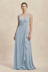 V - Neck Ruffled Ruched Chiffon A - Line Bridesmaid Dress in Dusty Blue - KissProm Bridesmaid Dresses