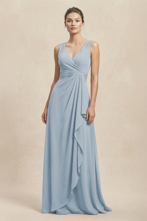 V - Neck Ruffled Ruched Chiffon A - Line Bridesmaid Dress in Dusty Blue - KissProm Bridesmaid Dresses