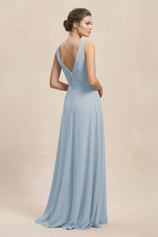V - Neck Ruffled Ruched Chiffon A - Line Bridesmaid Dress in Dusty Blue - KissProm Bridesmaid Dresses