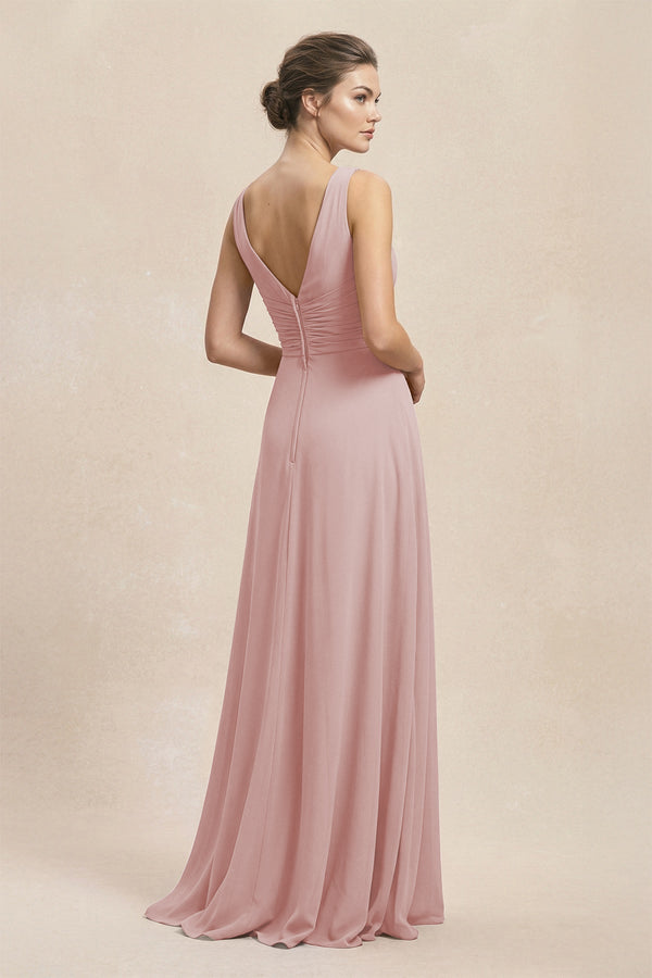 V - Neck Ruffled Ruched Chiffon A - Line Bridesmaid Dress in Dusty Rose - KissProm Bridesmaid Dresses