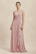 V - Neck Ruffled Ruched Chiffon A - Line Bridesmaid Dress in Dusty Rose - KissProm Bridesmaid Dresses