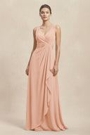 V - Neck Ruffled Ruched Chiffon A - Line Bridesmaid Dress in English Rose - KissProm Bridesmaid Dresses