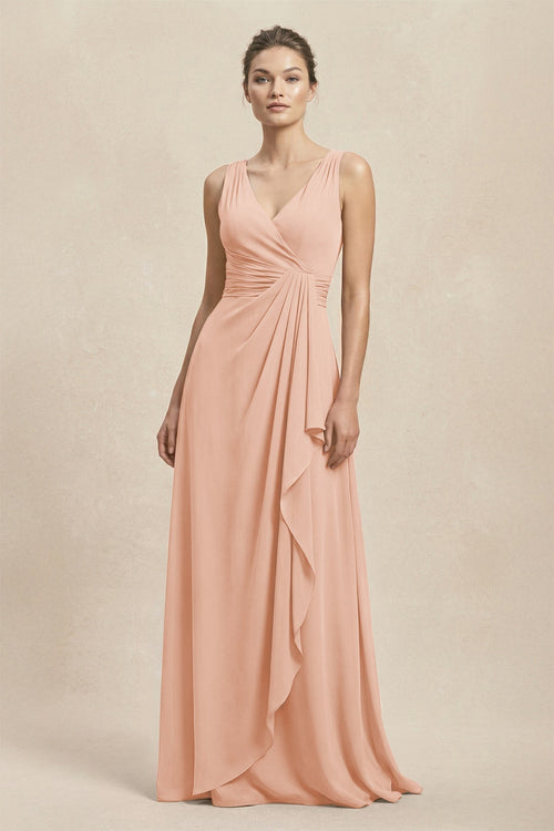 V - Neck Ruffled Ruched Chiffon A - Line Bridesmaid Dress in English Rose - KissProm Bridesmaid Dresses