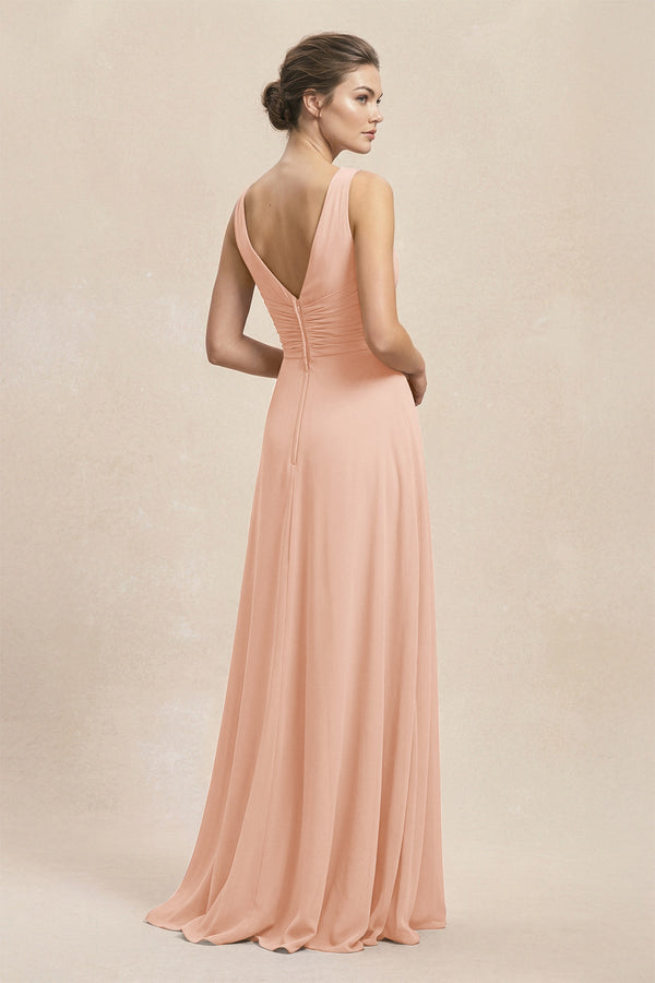 V - Neck Ruffled Ruched Chiffon A - Line Bridesmaid Dress in English Rose - KissProm Bridesmaid Dresses