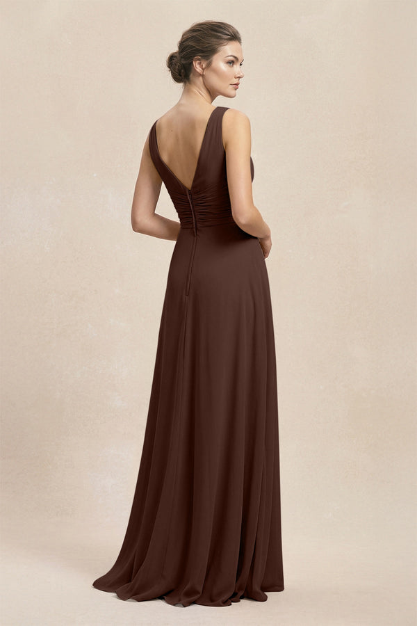 V - Neck Ruffled Ruched Chiffon A - Line Bridesmaid Dress in Espresso - KissProm Bridesmaid Dresses