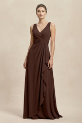 V - Neck Ruffled Ruched Chiffon A - Line Bridesmaid Dress in Espresso - KissProm Bridesmaid Dresses
