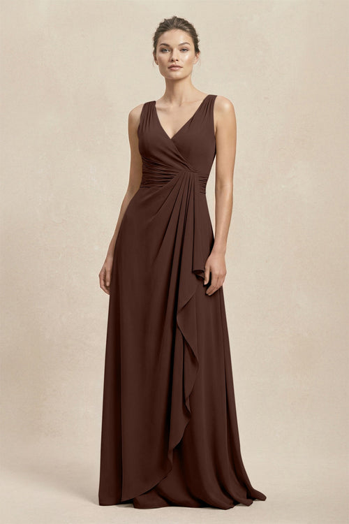V - Neck Ruffled Ruched Chiffon A - Line Bridesmaid Dress in Espresso - KissProm Bridesmaid Dresses