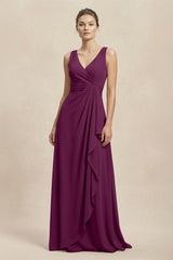 V - Neck Ruffled Ruched Chiffon A - Line Bridesmaid Dress in Fig - KissProm Bridesmaid Dresses