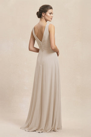 V - Neck Ruffled Ruched Chiffon A - Line Bridesmaid Dress in Frost - KissProm Bridesmaid Dresses