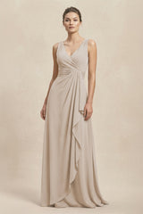 V - Neck Ruffled Ruched Chiffon A - Line Bridesmaid Dress in Frost - KissProm Bridesmaid Dresses