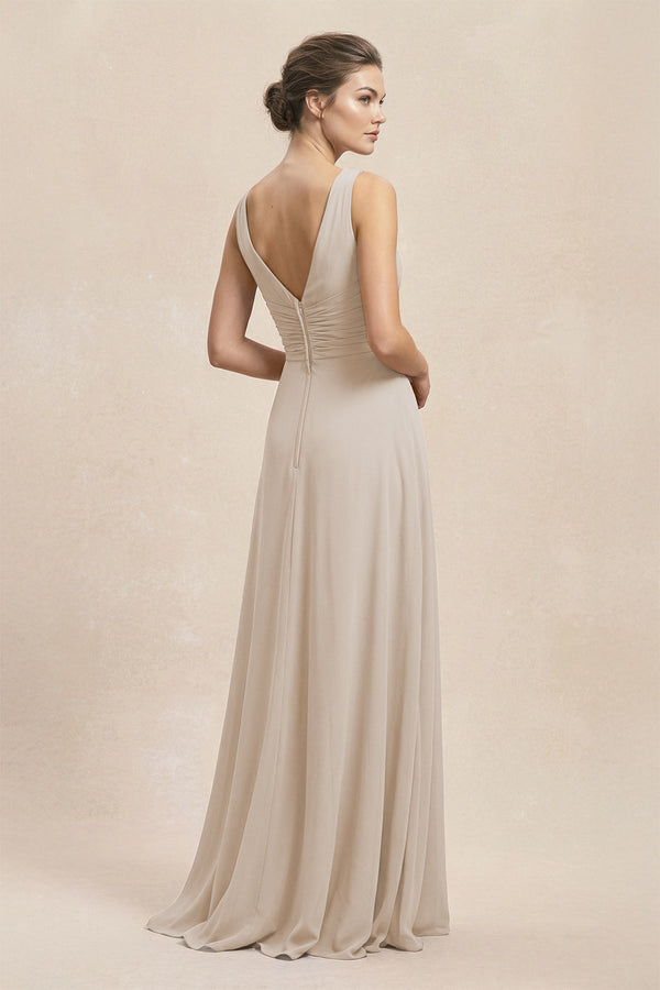 V - Neck Ruffled Ruched Chiffon A - Line Bridesmaid Dress in Frost - KissProm Bridesmaid Dresses