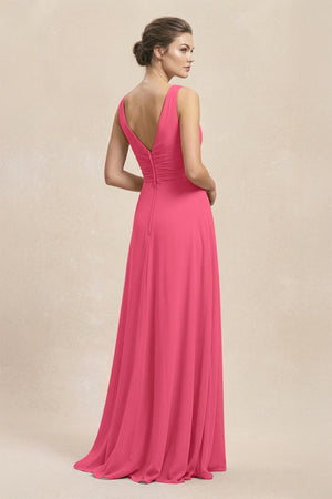 V - Neck Ruffled Ruched Chiffon A - Line Bridesmaid Dress in Fuchsia - KissProm Bridesmaid Dresses