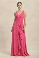 V - Neck Ruffled Ruched Chiffon A - Line Bridesmaid Dress in Fuchsia - KissProm Bridesmaid Dresses