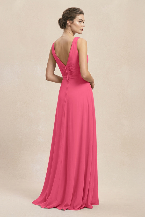 V - Neck Ruffled Ruched Chiffon A - Line Bridesmaid Dress in Fuchsia - KissProm Bridesmaid Dresses