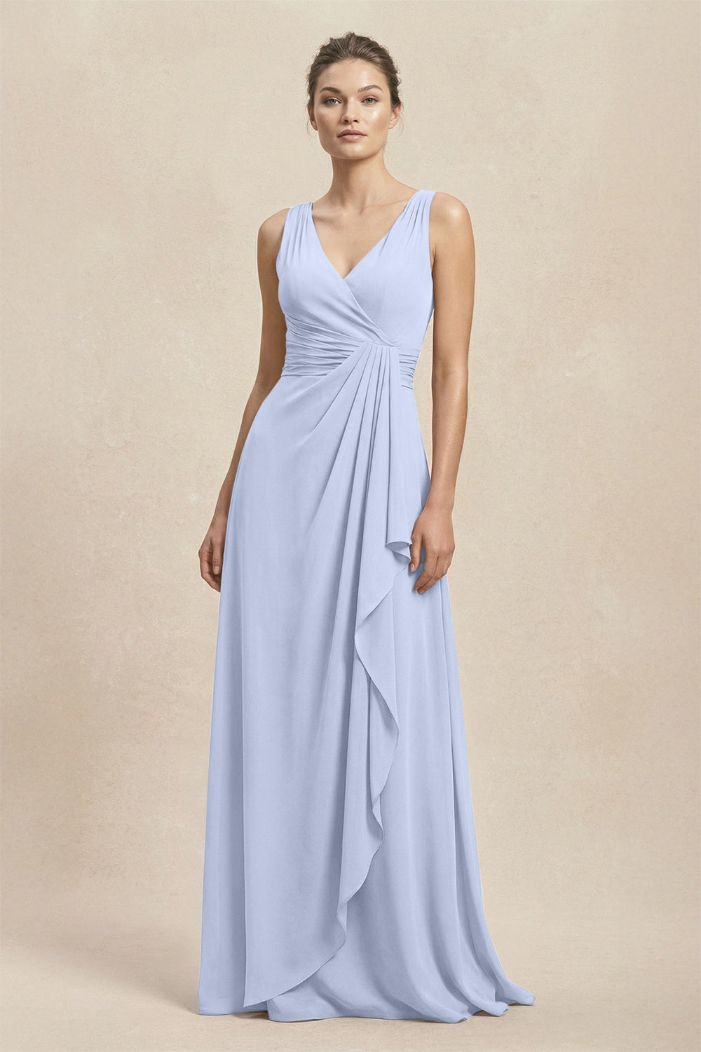 V - Neck Ruffled Ruched Chiffon A - Line Bridesmaid Dress in Ice - KissProm Bridesmaid Dresses