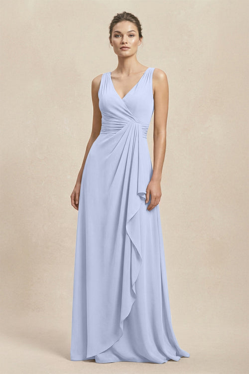 V - Neck Ruffled Ruched Chiffon A - Line Bridesmaid Dress in Ice - KissProm Bridesmaid Dresses
