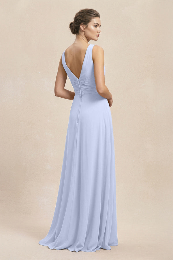 V - Neck Ruffled Ruched Chiffon A - Line Bridesmaid Dress in Ice - KissProm Bridesmaid Dresses