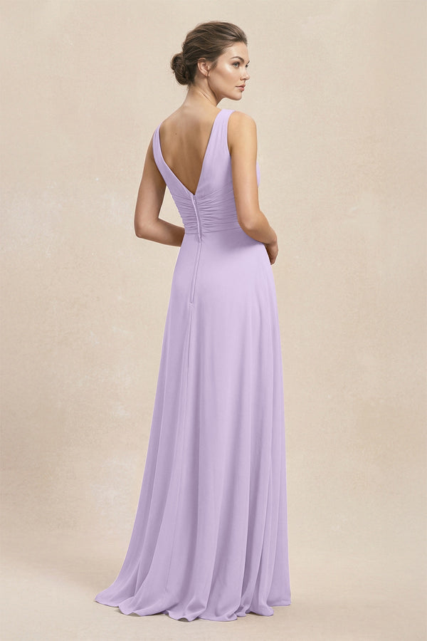 V - Neck Ruffled Ruched Chiffon A - Line Bridesmaid Dress in Lavender - KissProm Bridesmaid Dresses