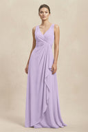 V - Neck Ruffled Ruched Chiffon A - Line Bridesmaid Dress in Lavender - KissProm Bridesmaid Dresses