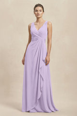 V - Neck Ruffled Ruched Chiffon A - Line Bridesmaid Dress in Lavender - KissProm Bridesmaid Dresses
