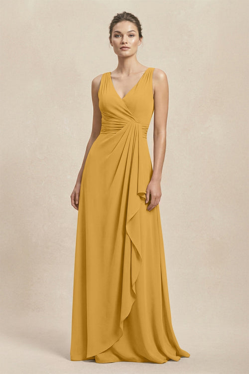 V - Neck Ruffled Ruched Chiffon A - Line Bridesmaid Dress in Marigold - KissProm Bridesmaid Dresses