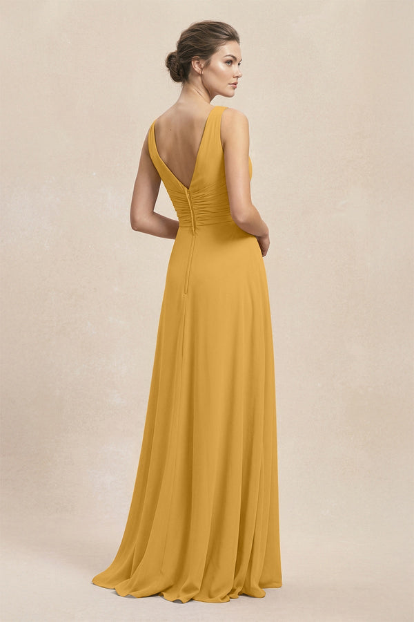 V - Neck Ruffled Ruched Chiffon A - Line Bridesmaid Dress in Marigold - KissProm Bridesmaid Dresses