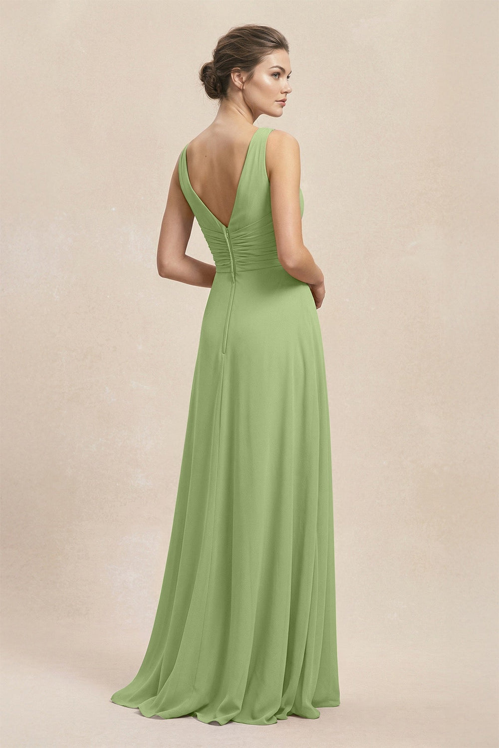 V - Neck Ruffled Ruched Chiffon A - Line Bridesmaid Dress in Matcha - KissProm Bridesmaid Dresses
