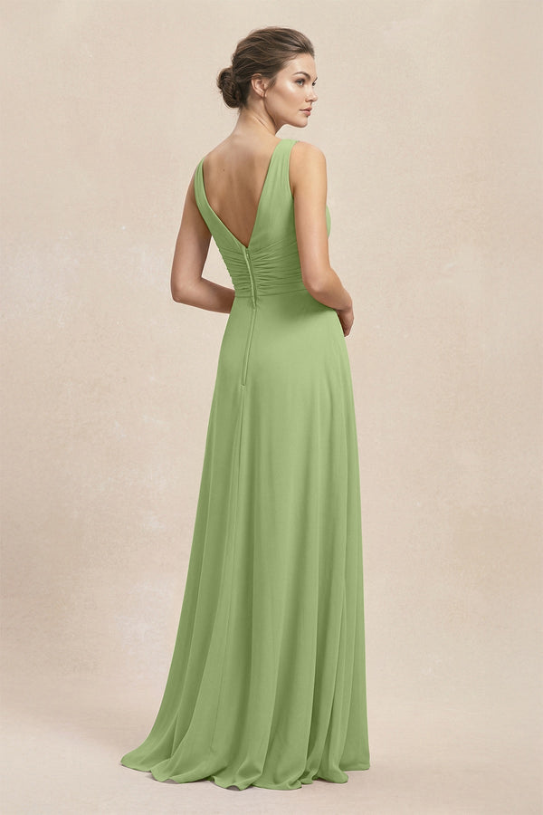 V - Neck Ruffled Ruched Chiffon A - Line Bridesmaid Dress in Matcha - KissProm Bridesmaid Dresses