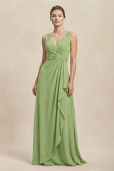 V - Neck Ruffled Ruched Chiffon A - Line Bridesmaid Dress in Matcha - KissProm Bridesmaid Dresses