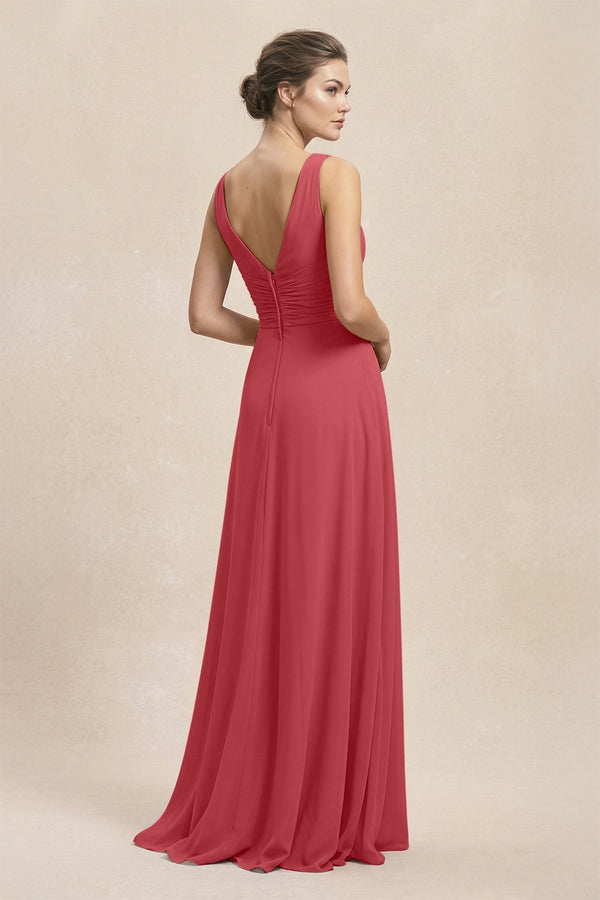 V - Neck Ruffled Ruched Chiffon A - Line Bridesmaid Dress in Merlot - KissProm Bridesmaid Dresses