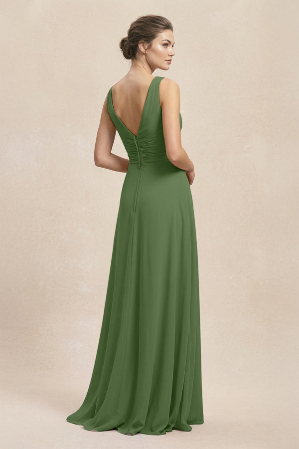 V - Neck Ruffled Ruched Chiffon A - Line Bridesmaid Dress in Moss - KissProm Bridesmaid Dresses