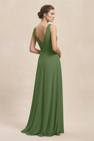 V - Neck Ruffled Ruched Chiffon A - Line Bridesmaid Dress in Moss - KissProm Bridesmaid Dresses