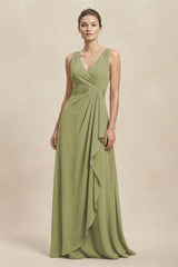 V - Neck Ruffled Ruched Chiffon A - Line Bridesmaid Dress in Moss Green - KissProm Bridesmaid Dresses