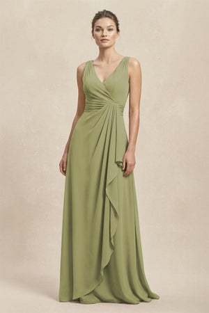 V - Neck Ruffled Ruched Chiffon A - Line Bridesmaid Dress in Moss Green - KissProm Bridesmaid Dresses