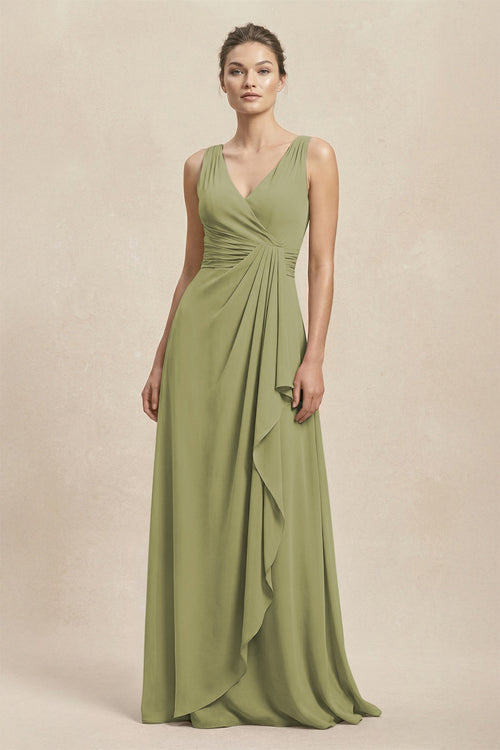 V - Neck Ruffled Ruched Chiffon A - Line Bridesmaid Dress in Moss Green - KissProm Bridesmaid Dresses