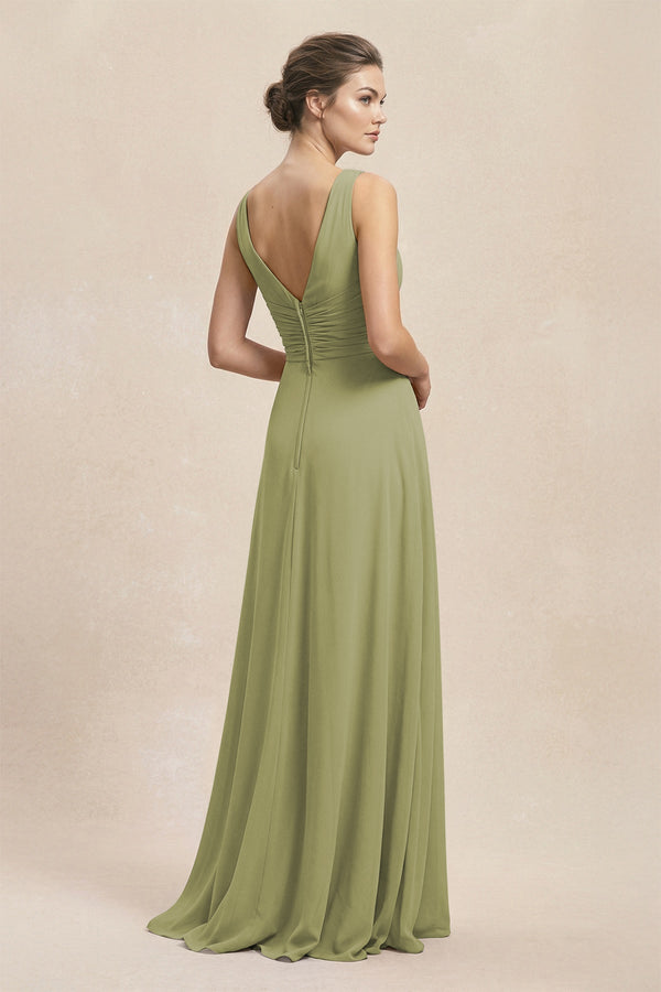 V - Neck Ruffled Ruched Chiffon A - Line Bridesmaid Dress in Moss Green - KissProm Bridesmaid Dresses