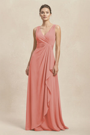 V - Neck Ruffled Ruched Chiffon A - Line Bridesmaid Dress in Mulberry - KissProm Bridesmaid Dresses