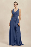 V - Neck Ruffled Ruched Chiffon A - Line Bridesmaid Dress in Navy - KissProm Bridesmaid Dresses