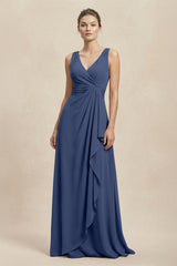 V - Neck Ruffled Ruched Chiffon A - Line Bridesmaid Dress in Navy - KissProm Bridesmaid Dresses