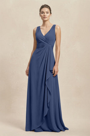 V - Neck Ruffled Ruched Chiffon A - Line Bridesmaid Dress in Navy - KissProm Bridesmaid Dresses
