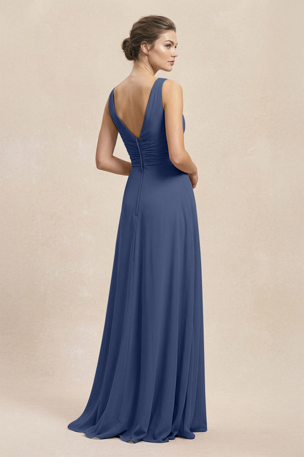 V - Neck Ruffled Ruched Chiffon A - Line Bridesmaid Dress in Navy - KissProm Bridesmaid Dresses