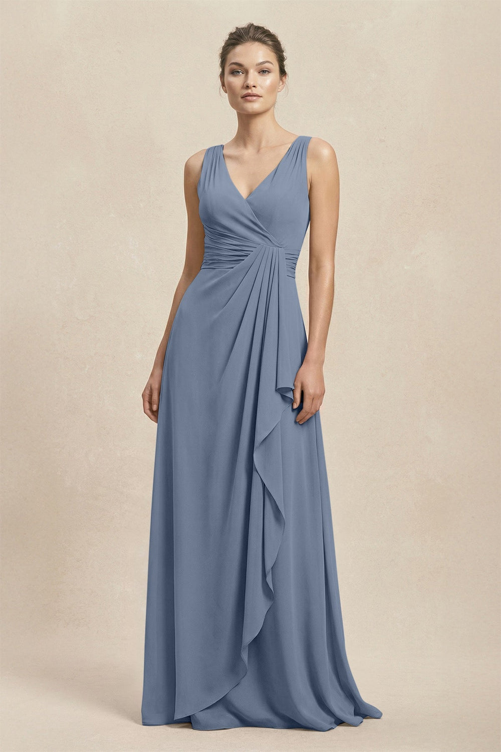 V - Neck Ruffled Ruched Chiffon A - Line Bridesmaid Dress in Neptune - KissProm Bridesmaid Dresses