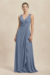 V - Neck Ruffled Ruched Chiffon A - Line Bridesmaid Dress in Neptune - KissProm Bridesmaid Dresses