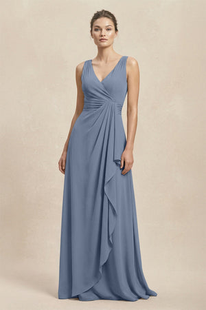 V - Neck Ruffled Ruched Chiffon A - Line Bridesmaid Dress in Neptune - KissProm Bridesmaid Dresses
