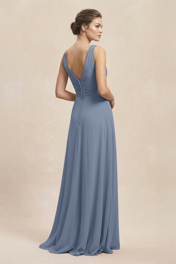V - Neck Ruffled Ruched Chiffon A - Line Bridesmaid Dress in Neptune - KissProm Bridesmaid Dresses