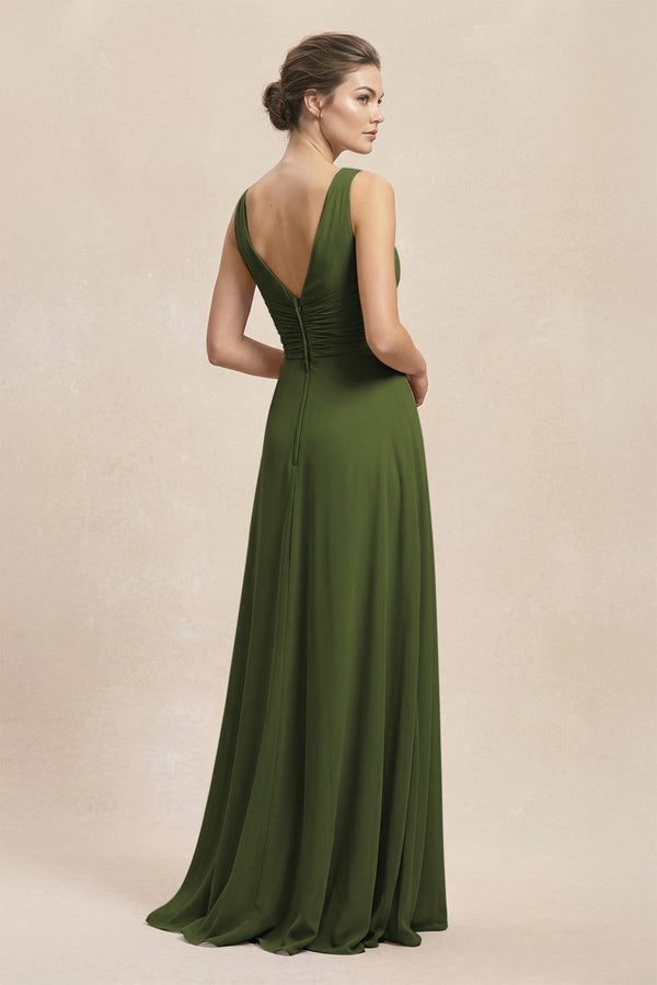 V - Neck Ruffled Ruched Chiffon A - Line Bridesmaid Dress in Olive - KissProm Bridesmaid Dresses