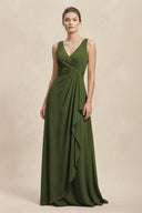 V - Neck Ruffled Ruched Chiffon A - Line Bridesmaid Dress in Olive - KissProm Bridesmaid Dresses