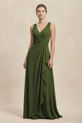 V - Neck Ruffled Ruched Chiffon A - Line Bridesmaid Dress in Olive - KissProm Bridesmaid Dresses