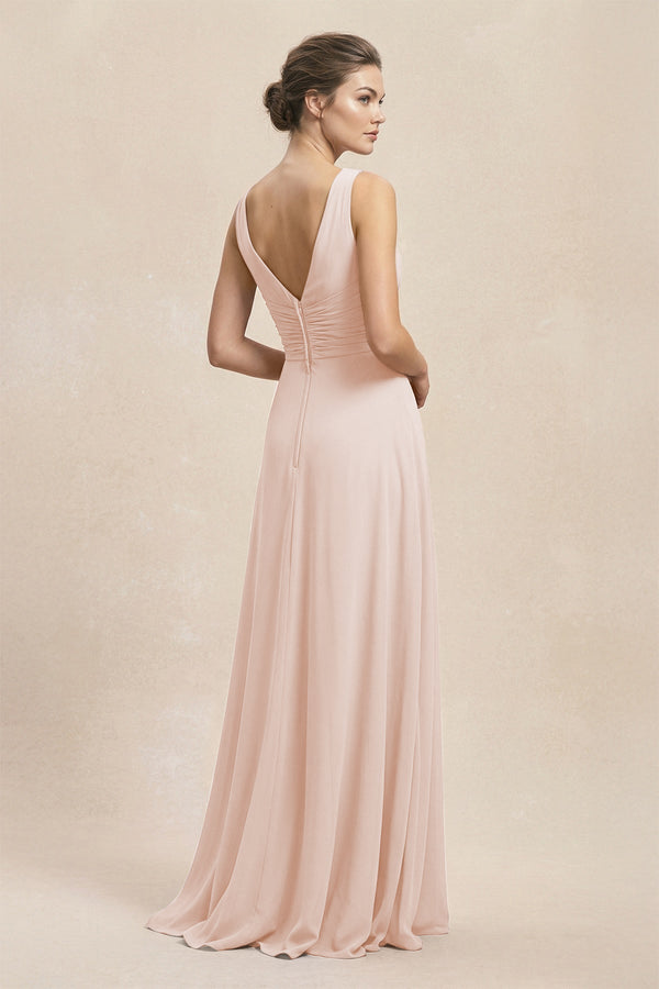 V - Neck Ruffled Ruched Chiffon A - Line Bridesmaid Dress in Pale Blush - KissProm Bridesmaid Dresses